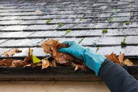 A roof and gutter with a gloved hand cleaning leaves from the gutter. One of the home maintenance projects for spring home owners should do. 