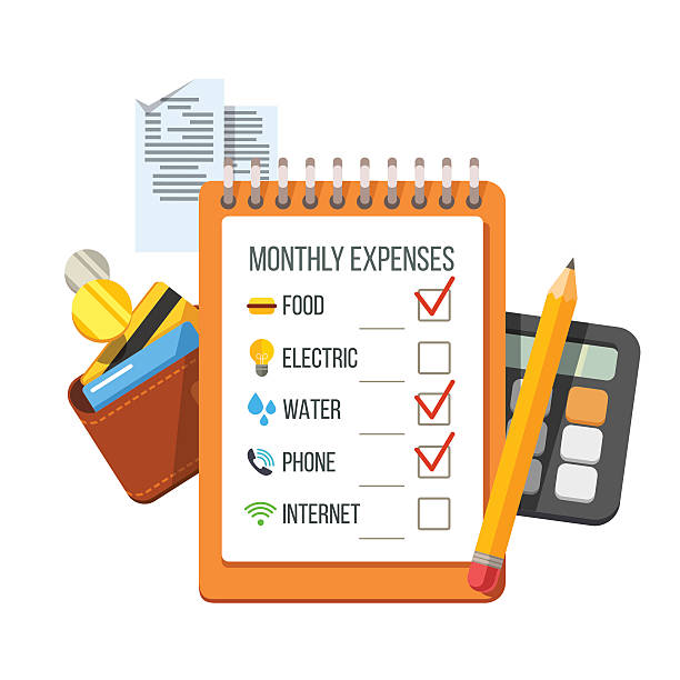 Monthly expenses planning checklist with receipts, wallet and calculator to help with home buying goals. Flat style vector icon illustration.