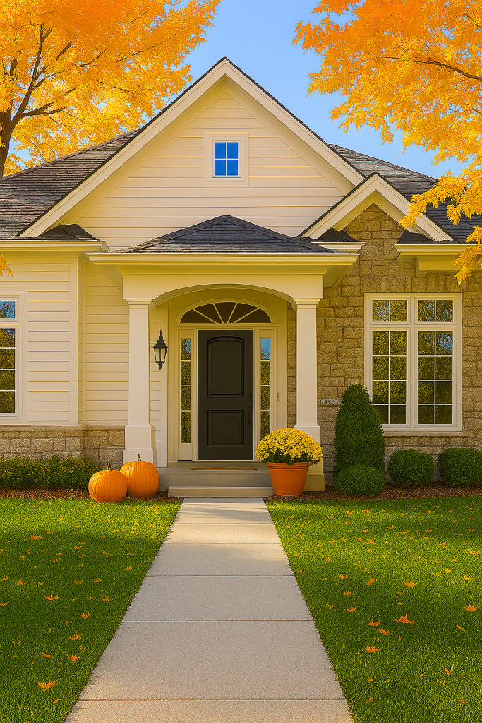 A front yard with neatly raked leaves and seasonal pumpkins or mums.