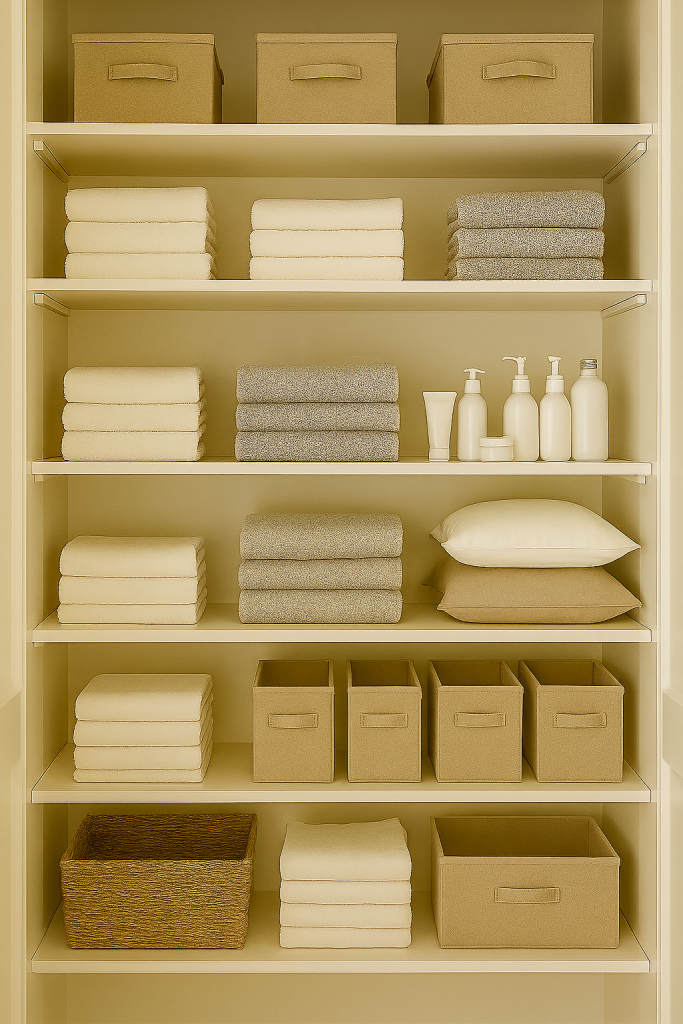 organized linen closet with neatly folded linens and baskets
