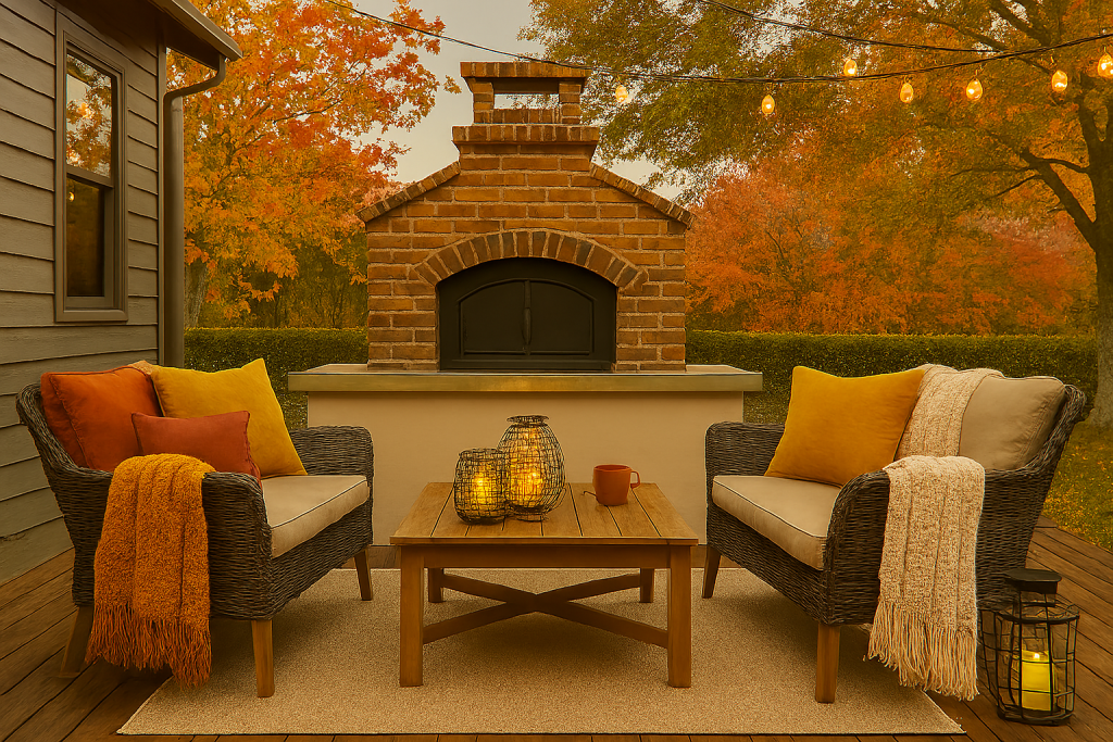 autumn dream deck—complete with a rustic brick oven, warm blankets, glowing lanterns, and inviting fall-toned seating