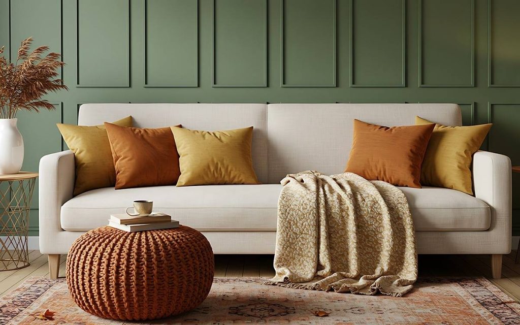 A warm and inviting living room featuring throw blankets and pillows in autumn hues.