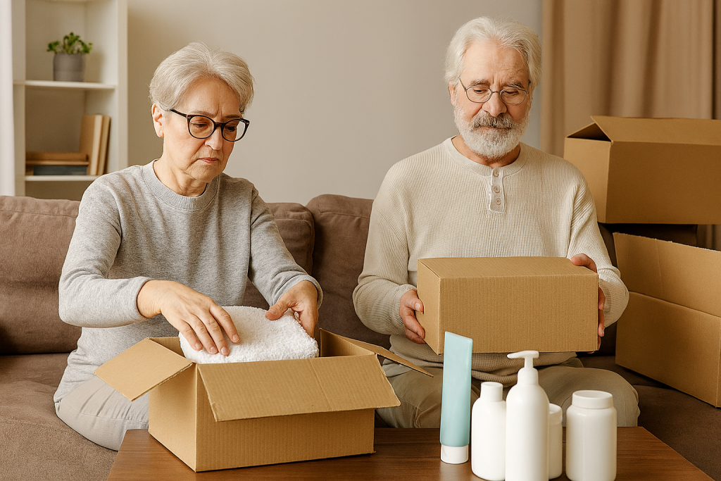 An elderly couple packs and organizes items in a cozy living room. The woman, wearing glasses and a light gray sweater, folds a white towel into an open cardboard box. The man, dressed in a cream-colored sweater, holds a sealed box. Around them are more boxes and containers, suggesting a decluttering or moving process. The atmosphere is warm and focused, with soft lighting and neutral tones.