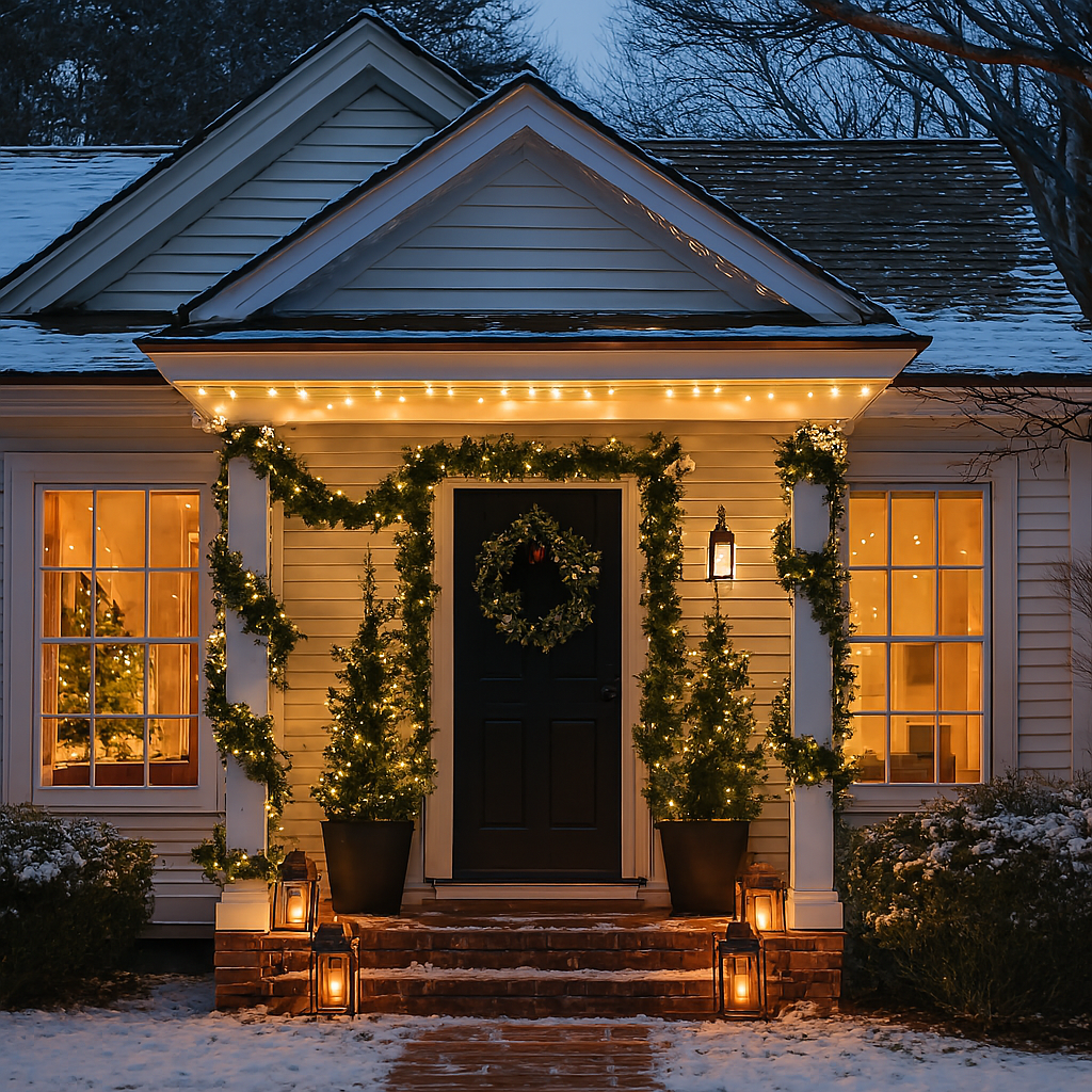 A cozy suburban home decorated for the holidays during winter twilight. The front porch is warmly lit with string lights and lanterns, featuring a black door adorned with a festive wreath. Two small evergreen trees in planters flank the entrance, and garlands wrap around the white porch columns and railings. Snow lightly covers the roof, steps, and surrounding shrubs, while warm light glows from the windows, revealing a Christmas tree inside. Bare trees and a soft blue sky frame the peaceful, wintry scene.