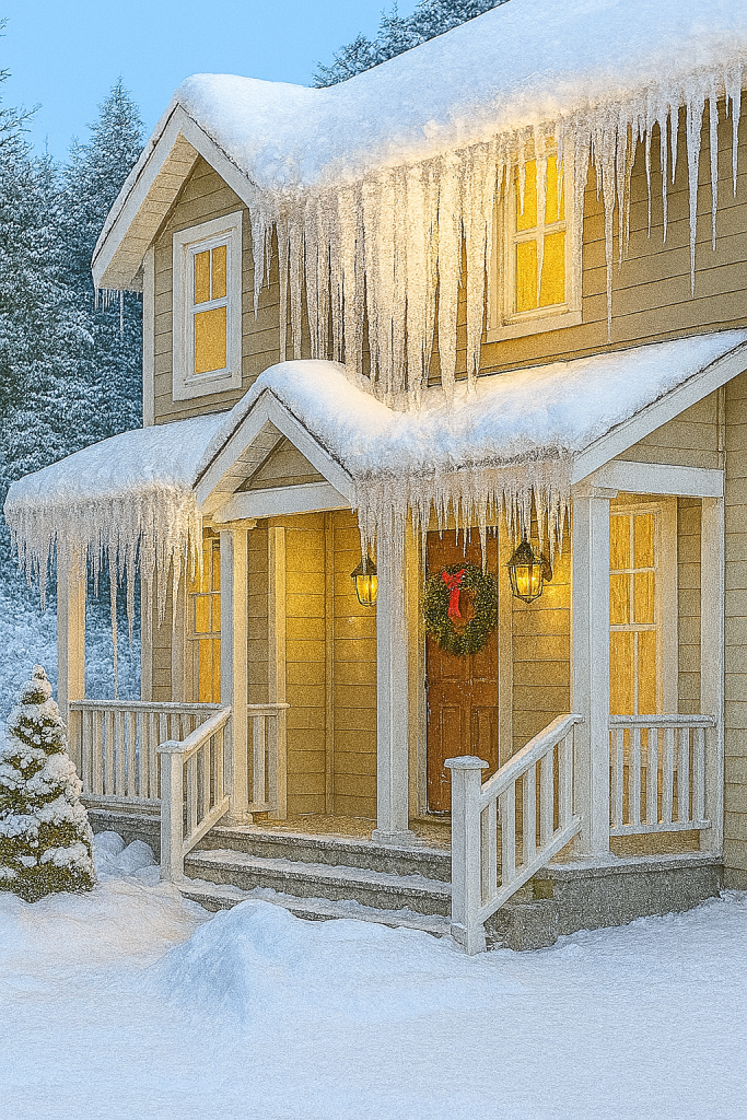 Two-story beige house in winter with severe ice damming visible along the roof edges and porch awning. Thick icicles hang from snow-covered eaves, indicating poor insulation and heat loss. Warm light glows from windows and lanterns, contrasting with the cold, snowy surroundings.