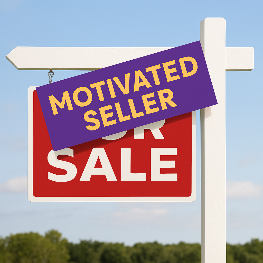 A white real estate signpost stands on a green lawn with a red "FOR SALE" sign hanging from it. Diagonally across the sign is a bright purple banner with bold yellow text reading "MOTIVATED SELLER." The background features a clear blue sky and distant trees, suggesting a suburban setting.