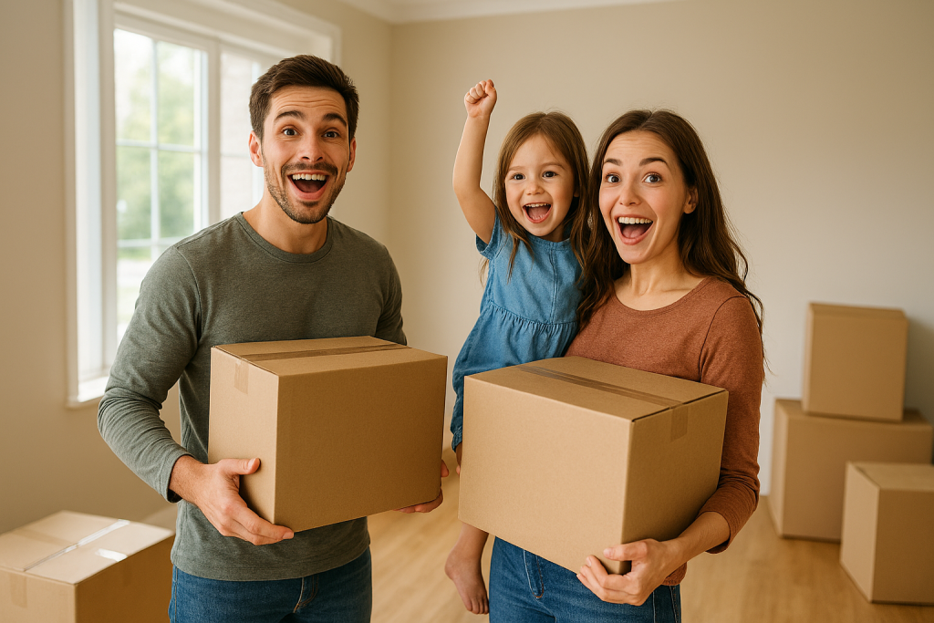 A young family of three stands in a sunlit living room, smiling excitedly while holding cardboard boxes. The father and mother each carry a box, and their daughter, held in her mother’s arms, raises her fist in celebration. Unpacked boxes are scattered around the hardwood floor, and a large window reveals a bright, green outdoor view.