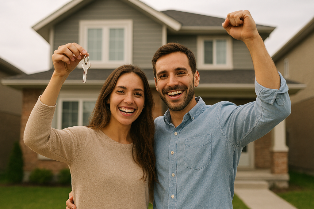 A smiling couple stands in front of their new suburban home, proudly holding a set of house keys. The woman, wearing a beige sweater, raises the keys in her right hand while the man, in a light blue shirt, clenches his fist in celebration. Behind them, the modern two-story house features gray siding, red-brown brickwork, and white trim, with a neatly manicured lawn and soft natural lighting.