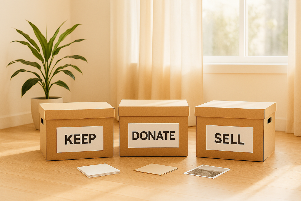 A sunlit room with three neatly labeled cardboard boxes on the floor reading “Keep,” “Donate,” and “Sell.” A few small items and papers are laid out in front of the boxes, and a potted plant sits in the corner near soft, light-colored curtains.