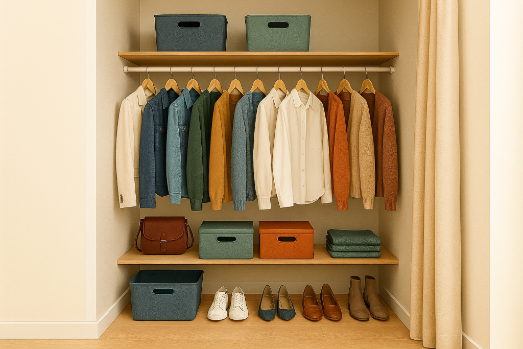 A neatly organized walk‑in closet featuring colorful clothing arranged on wooden hangers, storage bins in shades of blue, green, and orange on the shelves, folded items, a handbag, and pairs of shoes lined up along the floor, showcasing a clean and decluttered space.