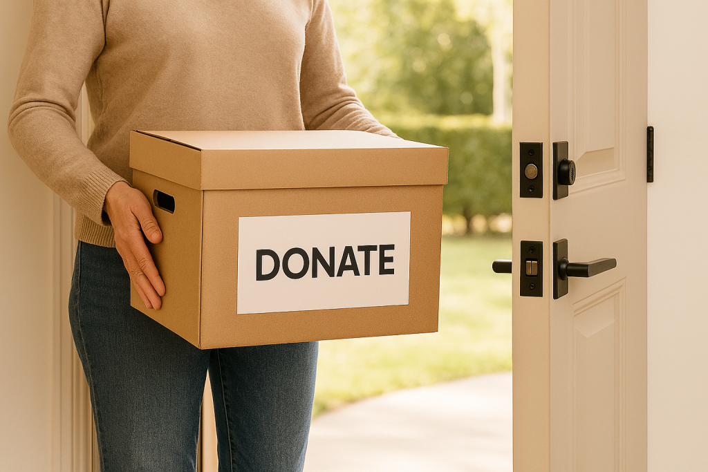A person carries a cardboard donation box labeled “DONATE” through an open doorway, with sunlight and greenery visible outside.