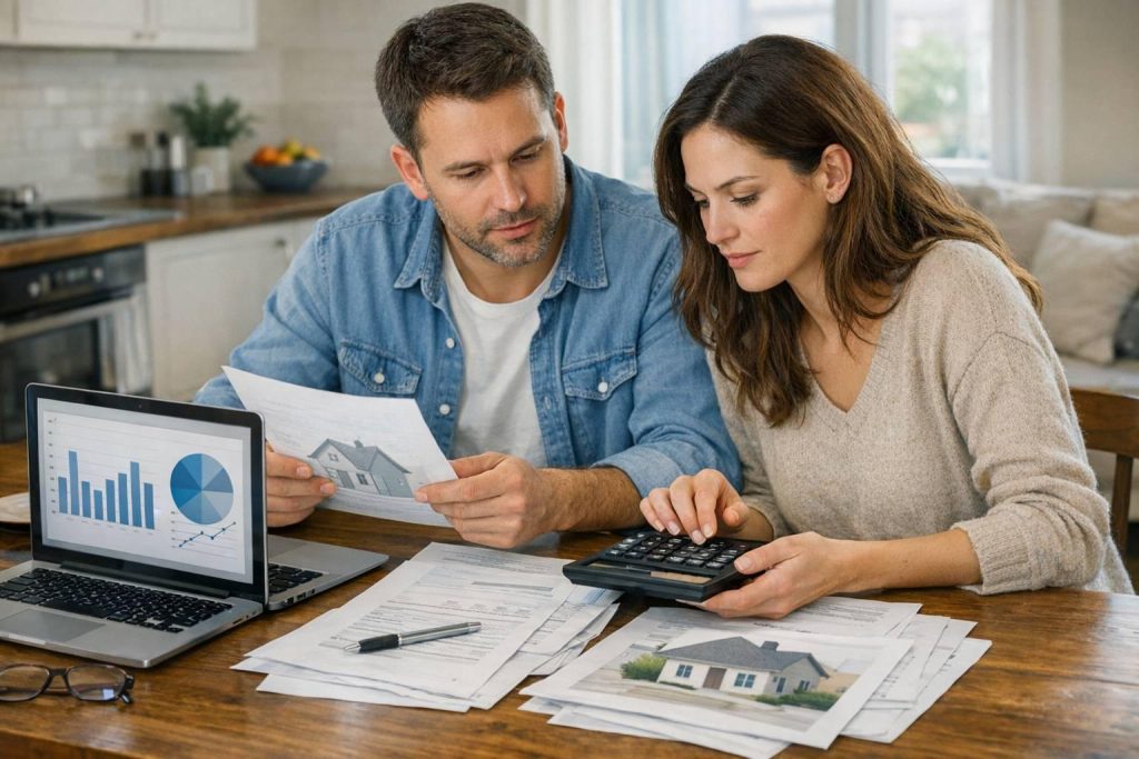 couple sitting at a table reviewing their budget for home buying search.